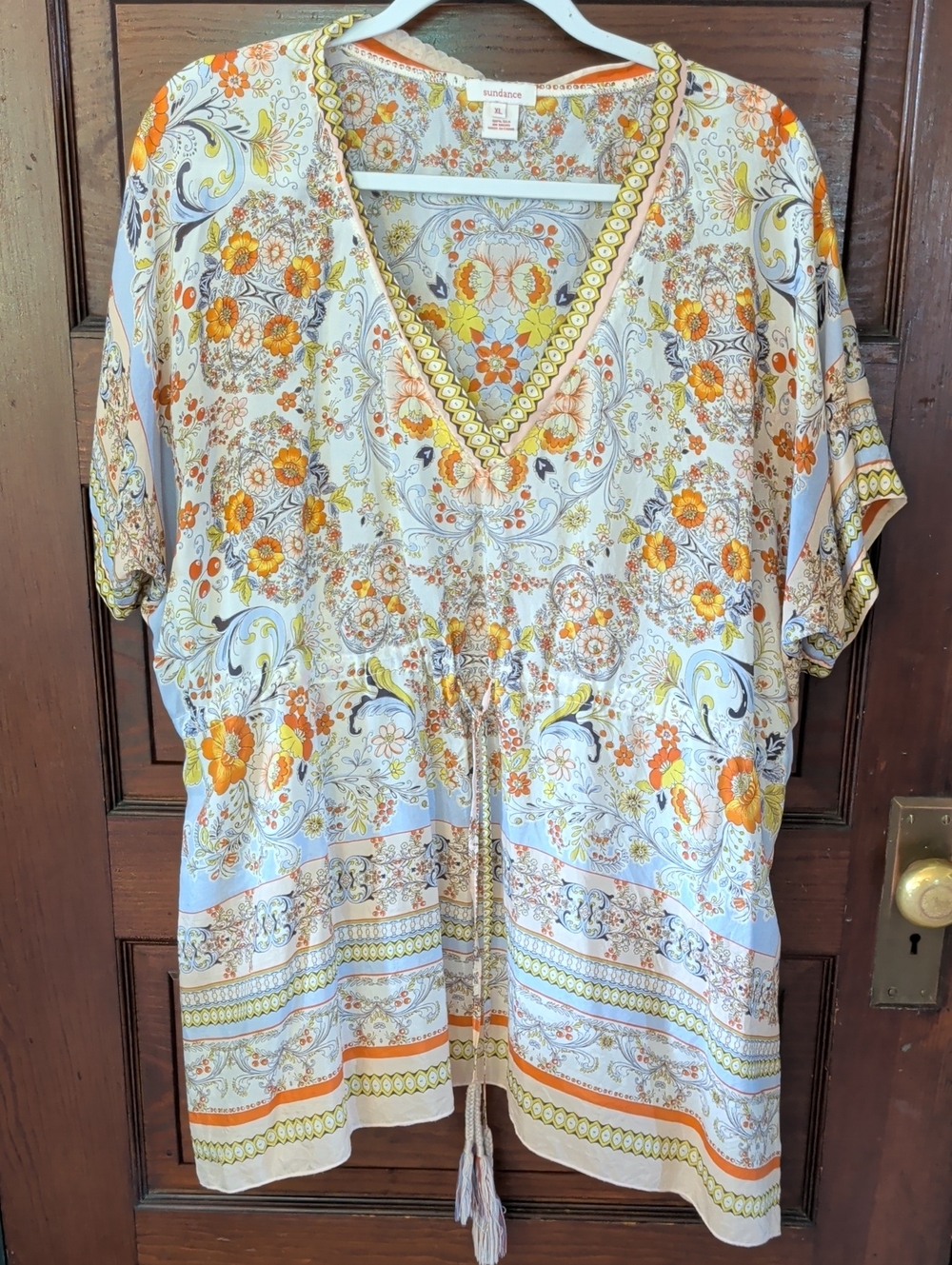 Silk Floral V-Neck Tunic Sundance XL Vintage Tuscan Scrolling Paisley Motif